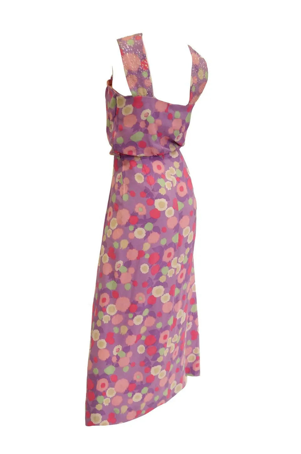 1960s Pink Floral Silk Crepe and Sequin Maxi Dress