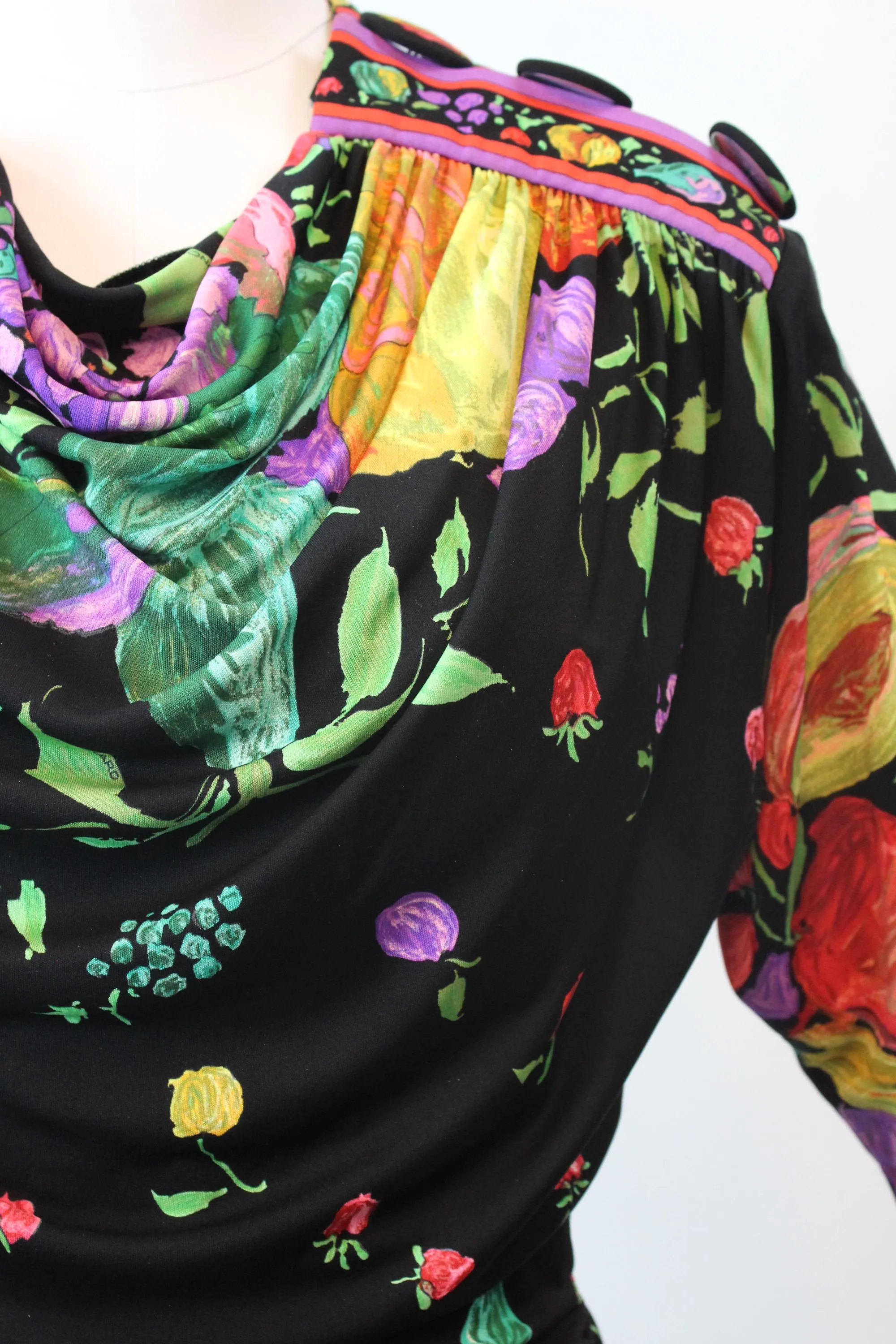 1980s LEONARD OF PARIS fruit flowers silk jersey dress small  | new fall winter