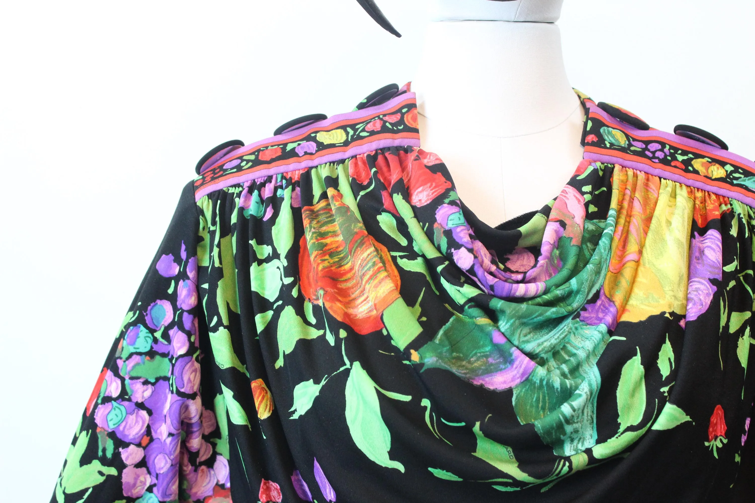 1980s LEONARD OF PARIS fruit flowers silk jersey dress small  | new fall winter