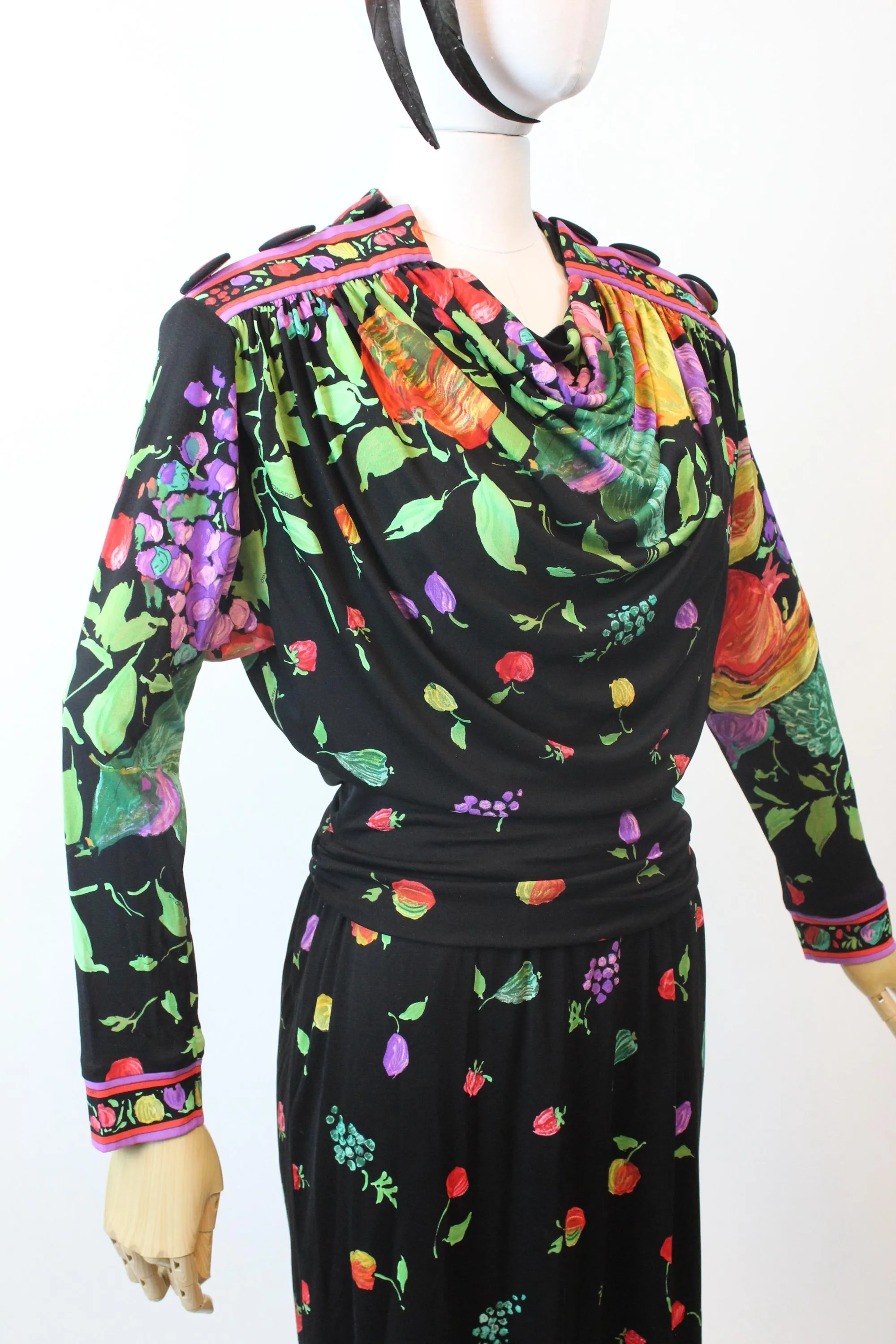 1980s LEONARD OF PARIS fruit flowers silk jersey dress small  | new fall winter