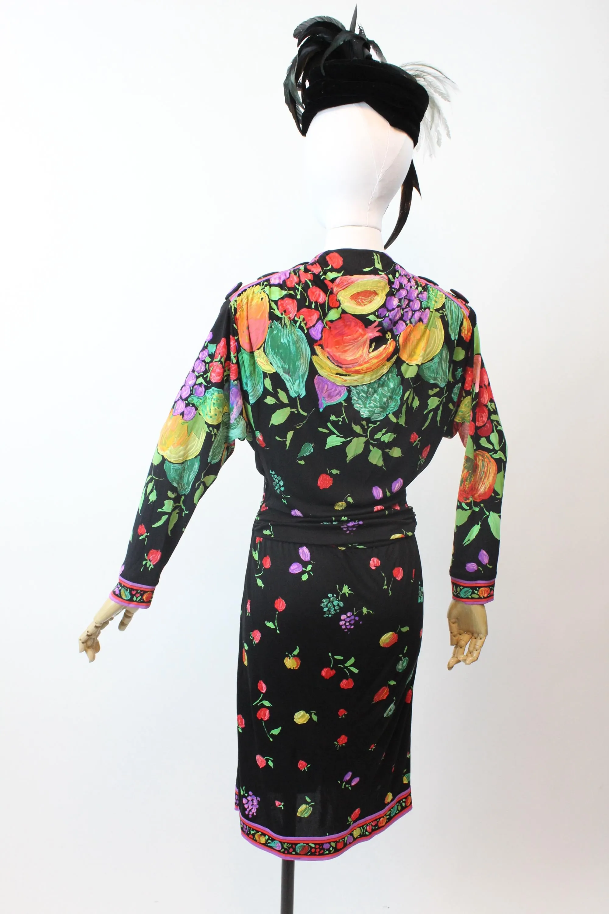 1980s LEONARD OF PARIS fruit flowers silk jersey dress small  | new fall winter