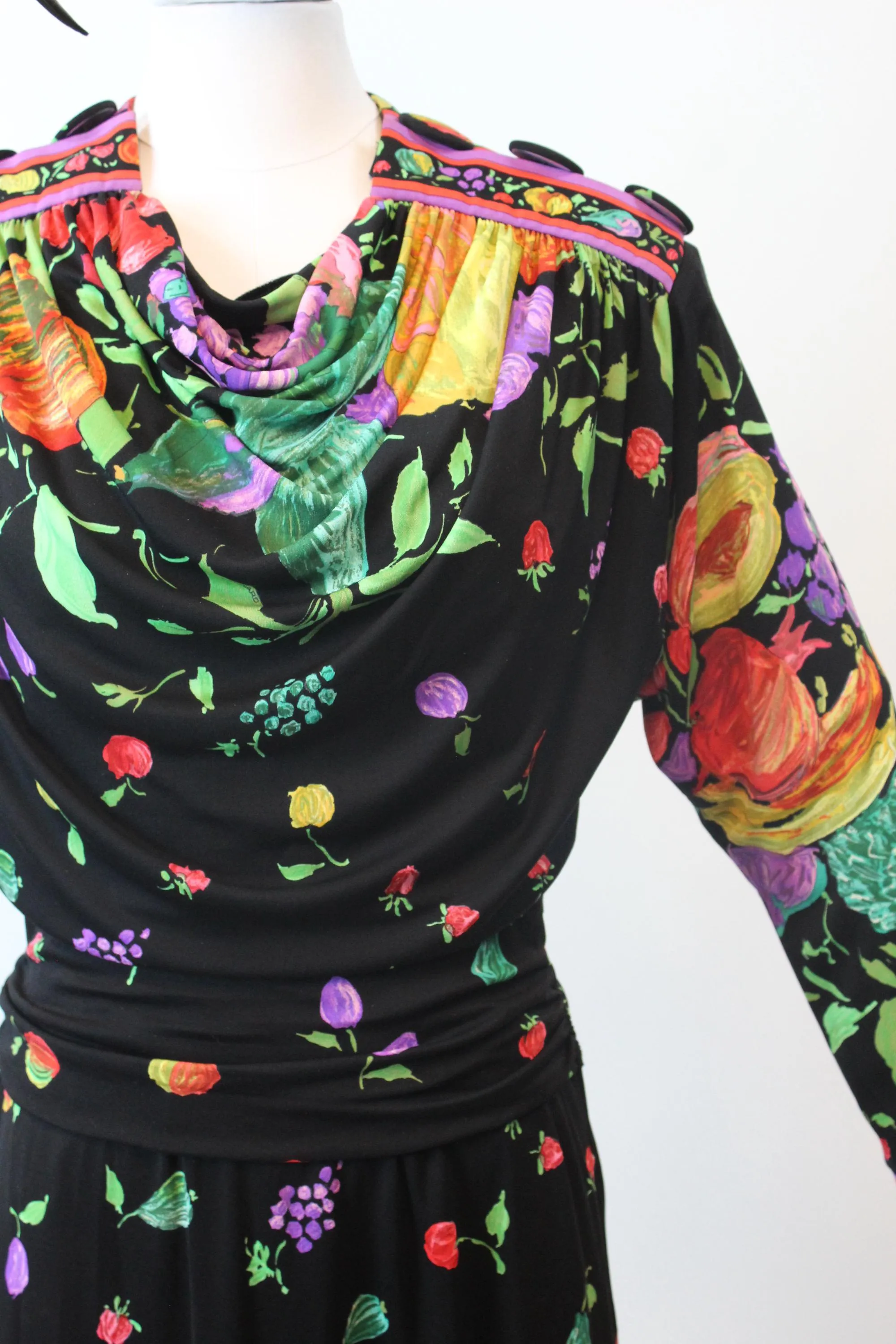 1980s LEONARD OF PARIS fruit flowers silk jersey dress small  | new fall winter