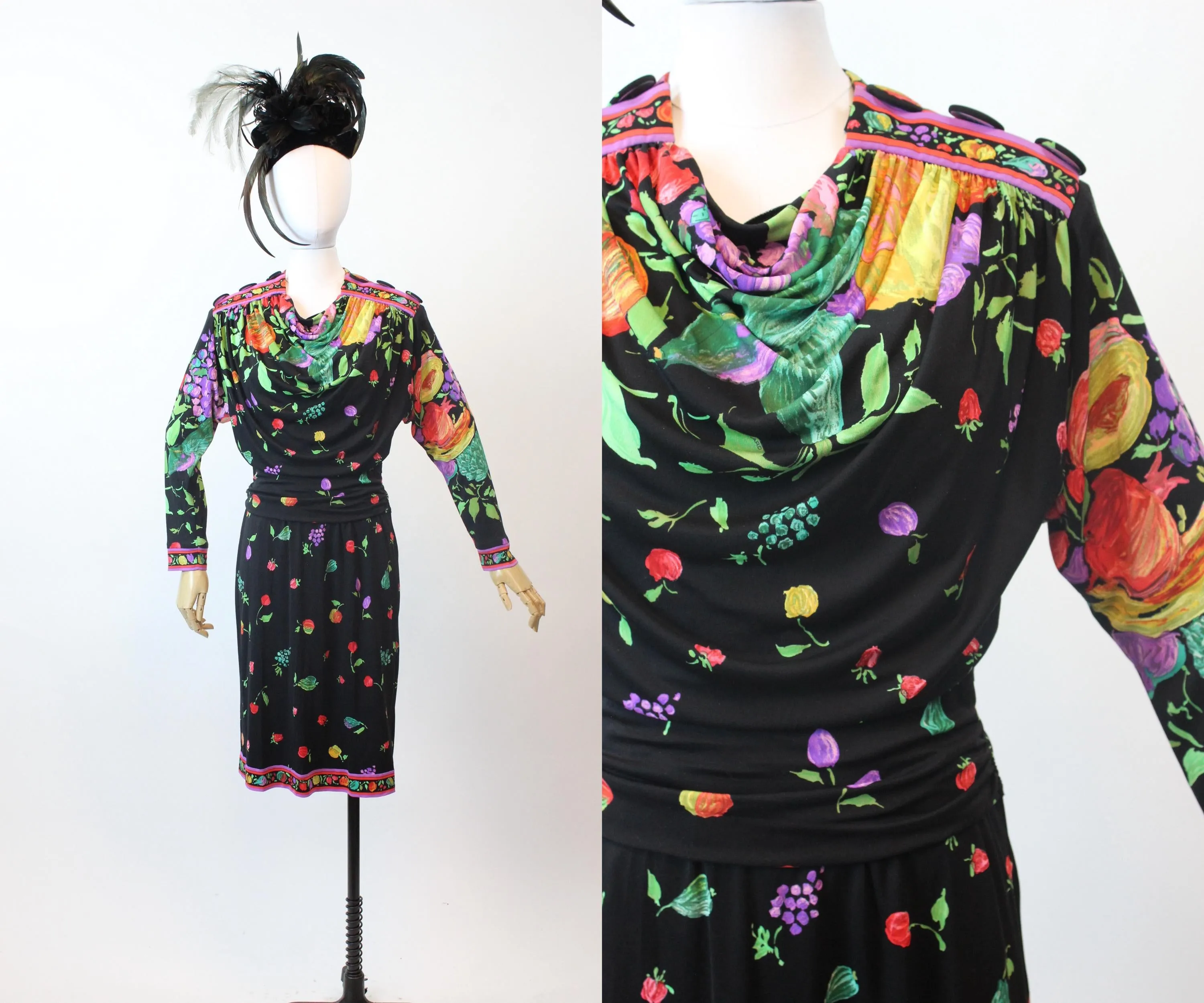 1980s LEONARD OF PARIS fruit flowers silk jersey dress small  | new fall winter