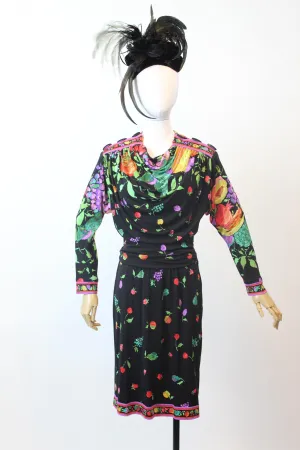 1980s LEONARD OF PARIS fruit flowers silk jersey dress small  | new fall winter