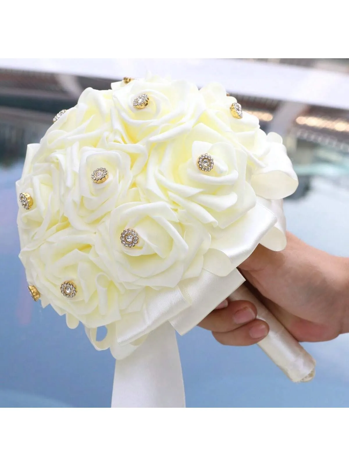 1pc Fashionable And Elegant PE Foam Rose Bridal Bouquet With Inlaid Rhinestones, Suitable For Wedding, Birthday, Wedding Ceremony, Photography Studio