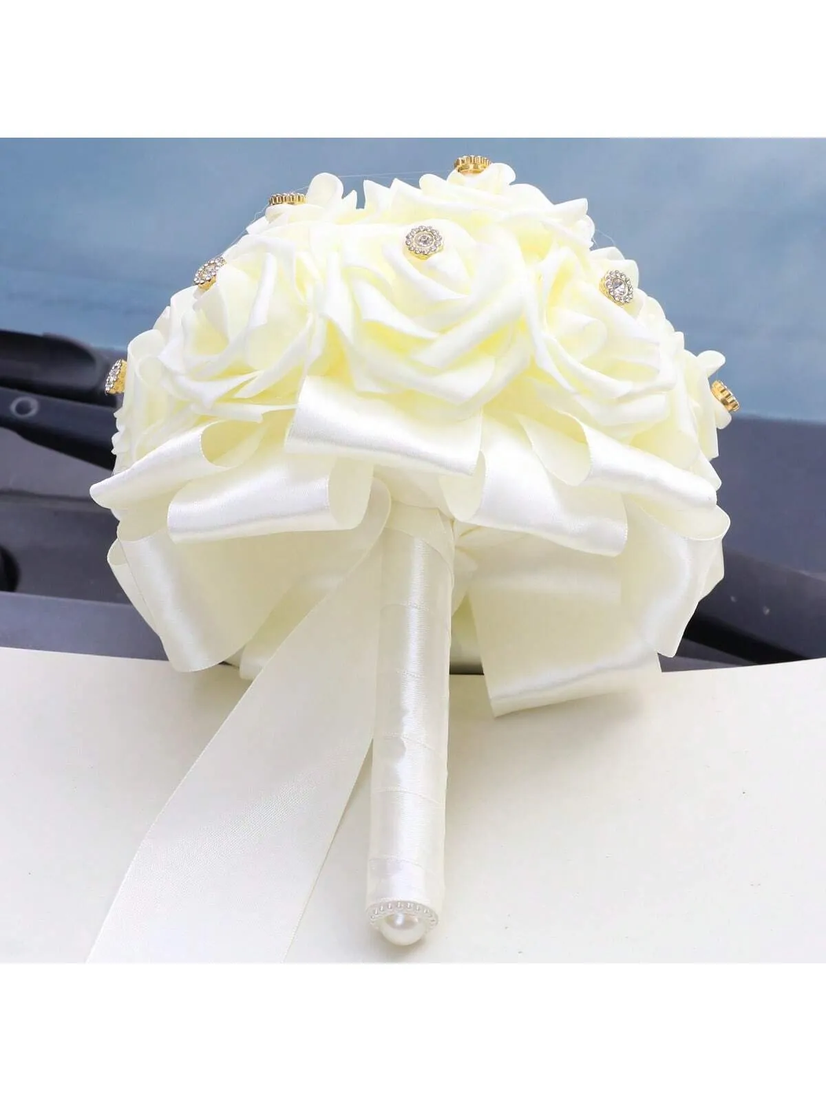 1pc Fashionable And Elegant PE Foam Rose Bridal Bouquet With Inlaid Rhinestones, Suitable For Wedding, Birthday, Wedding Ceremony, Photography Studio