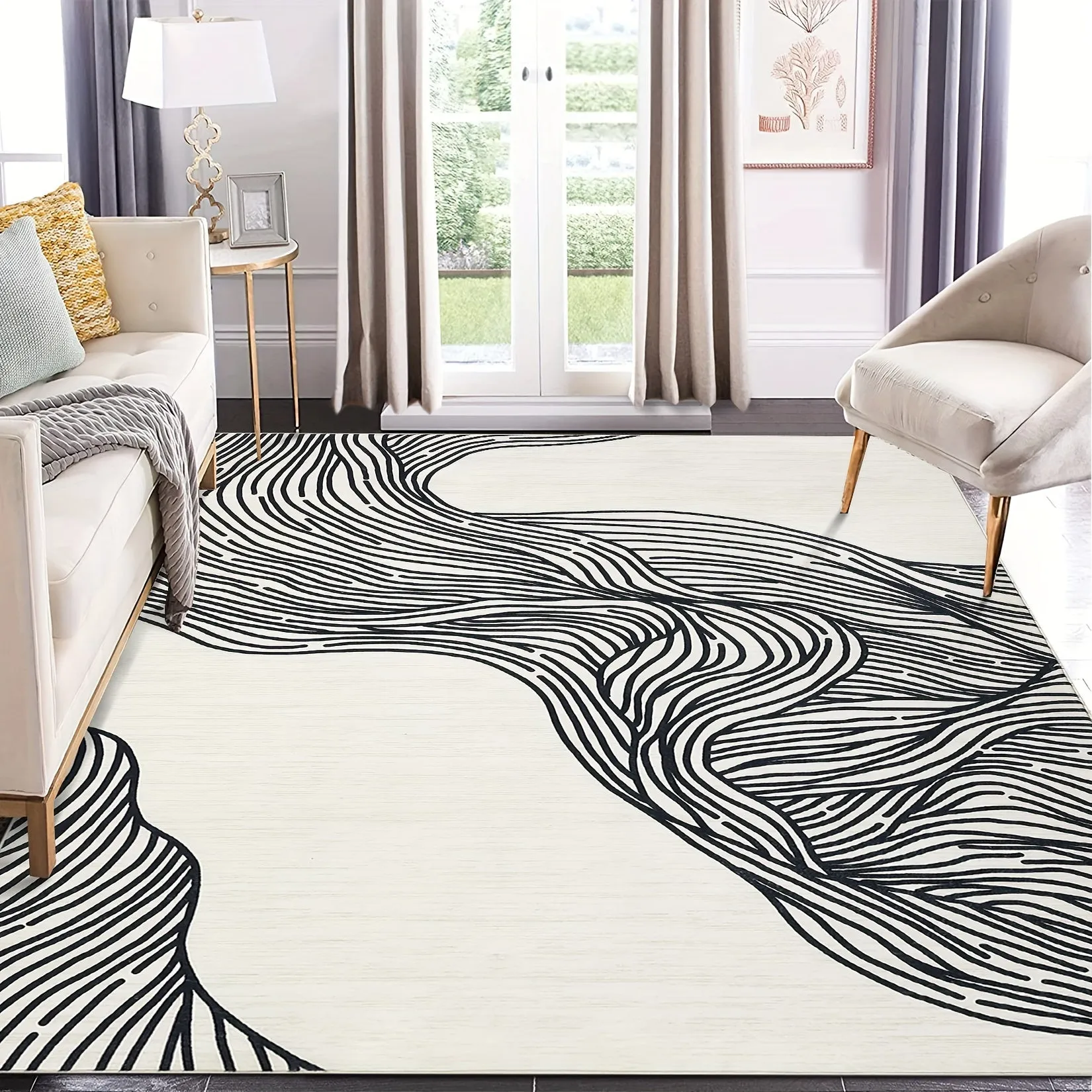 1PC Modern Machine Washable Rug Low Pile Rug For Kitchen Laundry Entryway Non Slip Rug For Living Room Bedroom Dining Room Line Printed Stain Resistant Area Rug, Beige Black