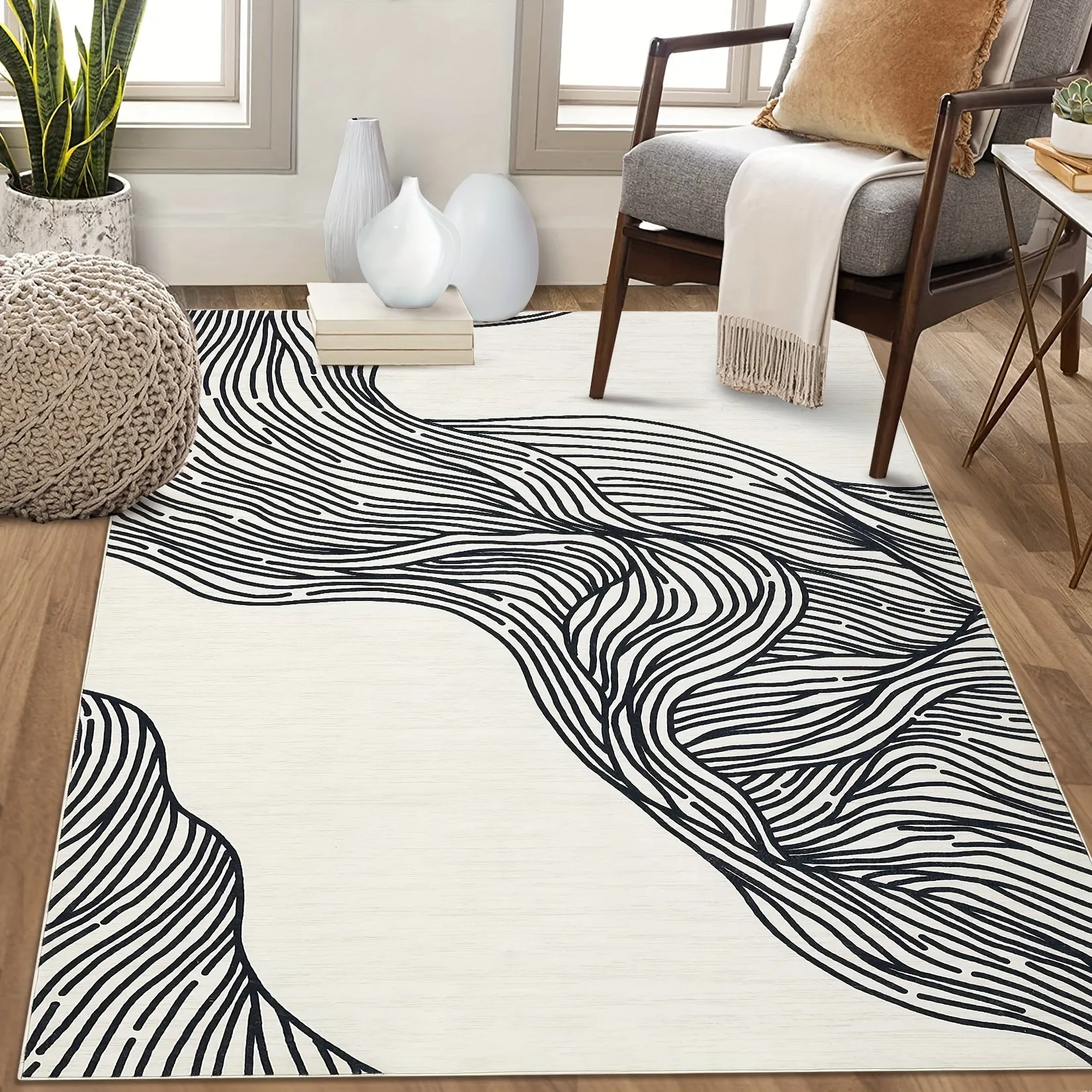 1PC Modern Machine Washable Rug Low Pile Rug For Kitchen Laundry Entryway Non Slip Rug For Living Room Bedroom Dining Room Line Printed Stain Resistant Area Rug, Beige Black