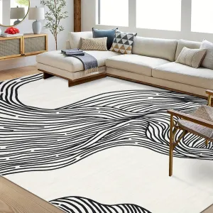 1PC Modern Machine Washable Rug Low Pile Rug For Kitchen Laundry Entryway Non Slip Rug For Living Room Bedroom Dining Room Line Printed Stain Resistant Area Rug, Beige Black