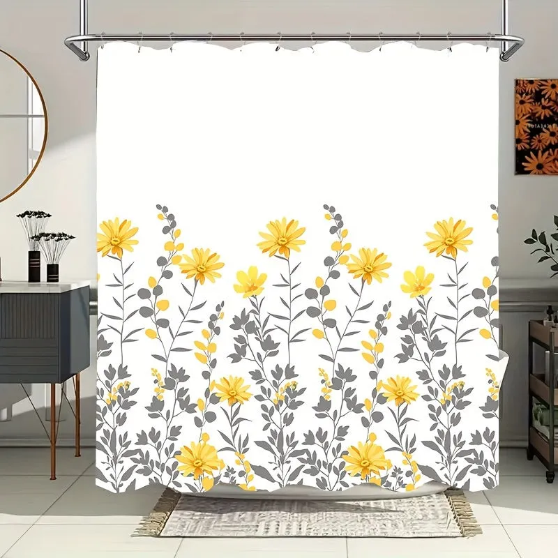 1pc Water-Resistant Yellow Floral Polyester Shower Curtain with 12 Hooks - Wipe Clean, Eyelet Decorative Knit Fabric Bathroom Curtain for Universal All-Season Use