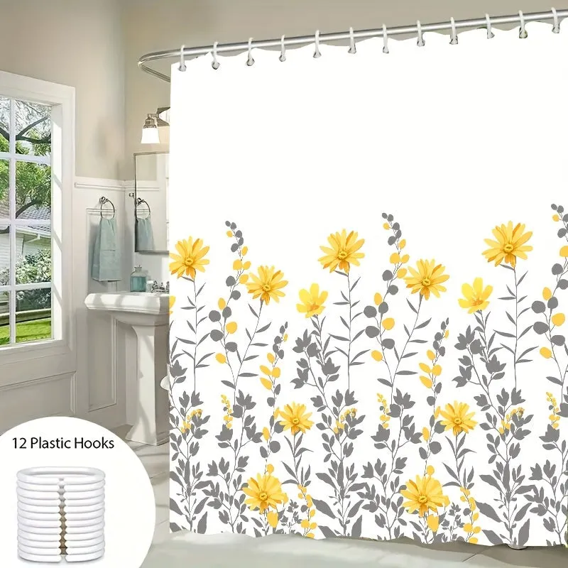 1pc Water-Resistant Yellow Floral Polyester Shower Curtain with 12 Hooks - Wipe Clean, Eyelet Decorative Knit Fabric Bathroom Curtain for Universal All-Season Use