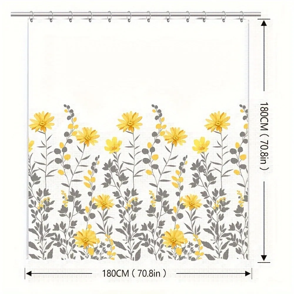 1pc Water-Resistant Yellow Floral Polyester Shower Curtain with 12 Hooks - Wipe Clean, Eyelet Decorative Knit Fabric Bathroom Curtain for Universal All-Season Use