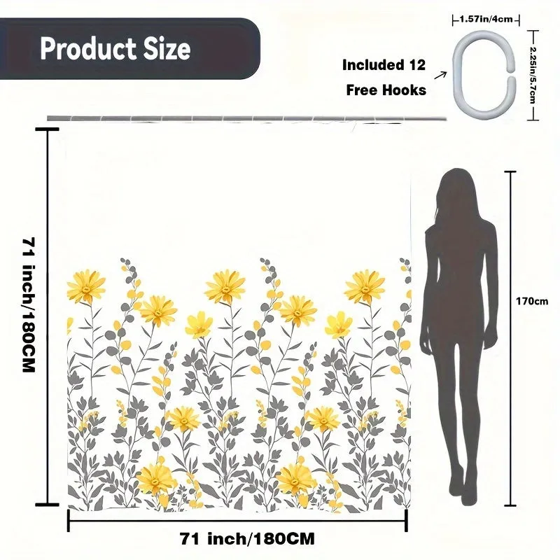 1pc Water-Resistant Yellow Floral Polyester Shower Curtain with 12 Hooks - Wipe Clean, Eyelet Decorative Knit Fabric Bathroom Curtain for Universal All-Season Use