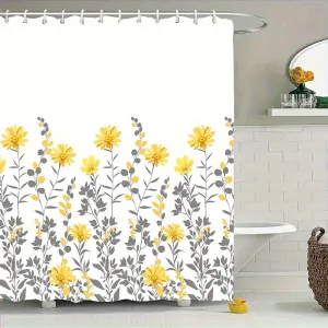 1pc Water-Resistant Yellow Floral Polyester Shower Curtain with 12 Hooks - Wipe Clean, Eyelet Decorative Knit Fabric Bathroom Curtain for Universal All-Season Use