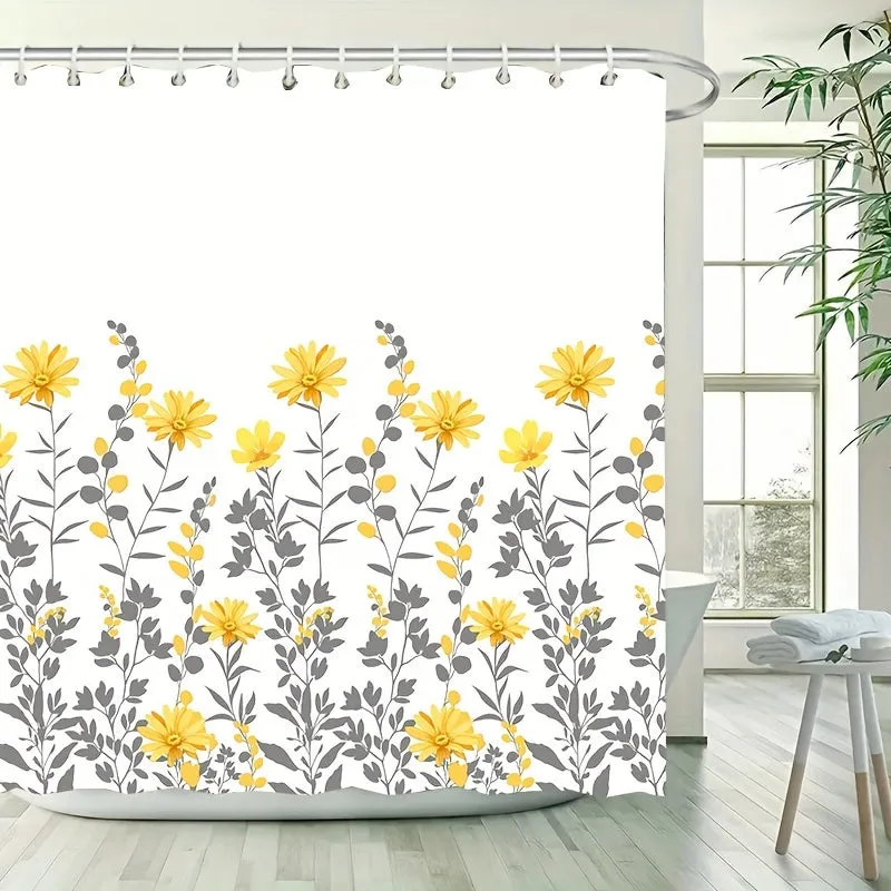 1pc Water-Resistant Yellow Floral Polyester Shower Curtain with 12 Hooks - Wipe Clean, Eyelet Decorative Knit Fabric Bathroom Curtain for Universal All-Season Use