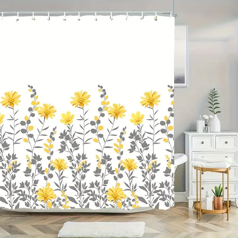 1pc Water-Resistant Yellow Floral Polyester Shower Curtain with 12 Hooks - Wipe Clean, Eyelet Decorative Knit Fabric Bathroom Curtain for Universal All-Season Use