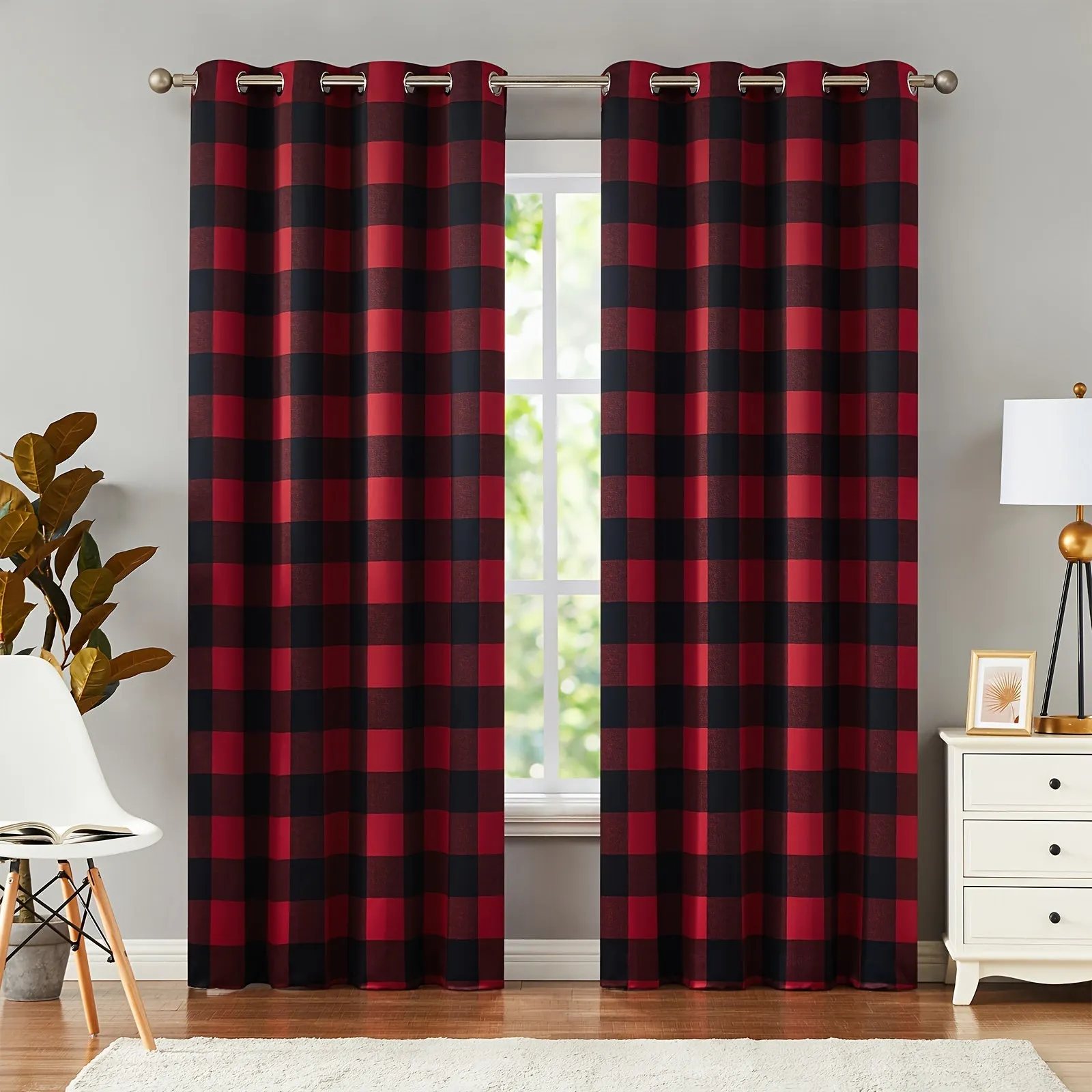 2 Panels Blackout Buffalo Check Plaid Curtains for Bedroom, Room Darkening Noise Reducing Thermal Insulated Grommet Drapes For Office, Living Room Home Decoration