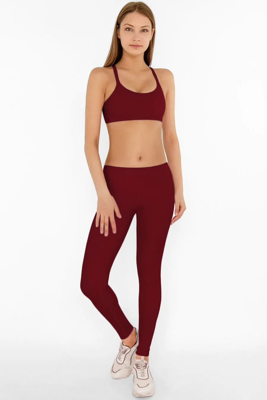 4 for $54 - Maroon Red Cassi Side Pockets Workout Leggings Yoga Pants - Women