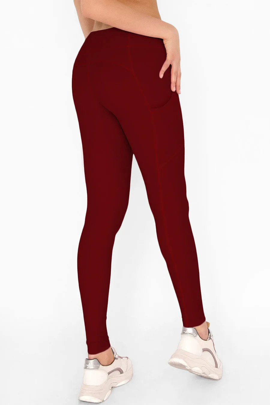 4 for $54 - Maroon Red Cassi Side Pockets Workout Leggings Yoga Pants - Women