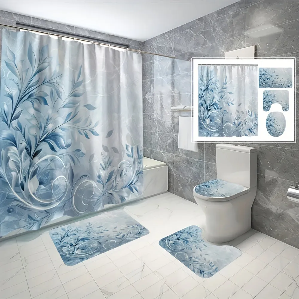 4pcs Flowers And Plants Series Style Bathroom Curtains Digital 3D Printing Waterproof Bathroom Curtains Set Bathroom Curtains Non Perforated Bathroom Curtains