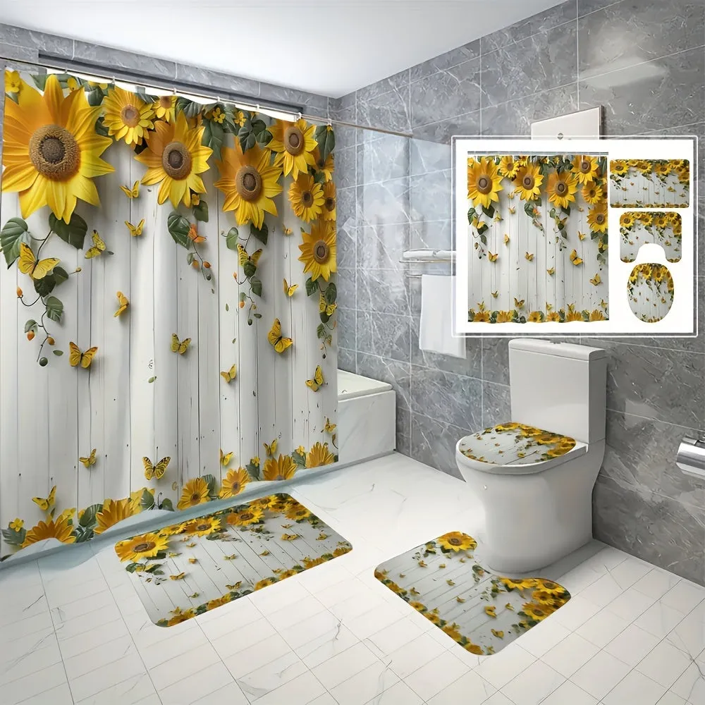 4pcs Flowers And Plants Series Style Bathroom Curtains Digital 3D Printing Waterproof Bathroom Curtains Set Bathroom Curtains Non Perforated Bathroom Curtains