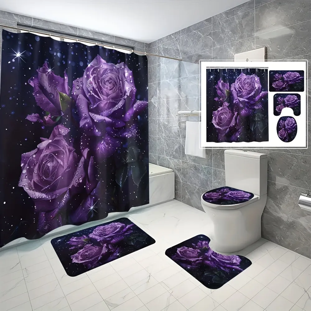 4pcs Flowers And Plants Series Style Bathroom Curtains Digital 3D Printing Waterproof Bathroom Curtains Set Bathroom Curtains Non Perforated Bathroom Curtains