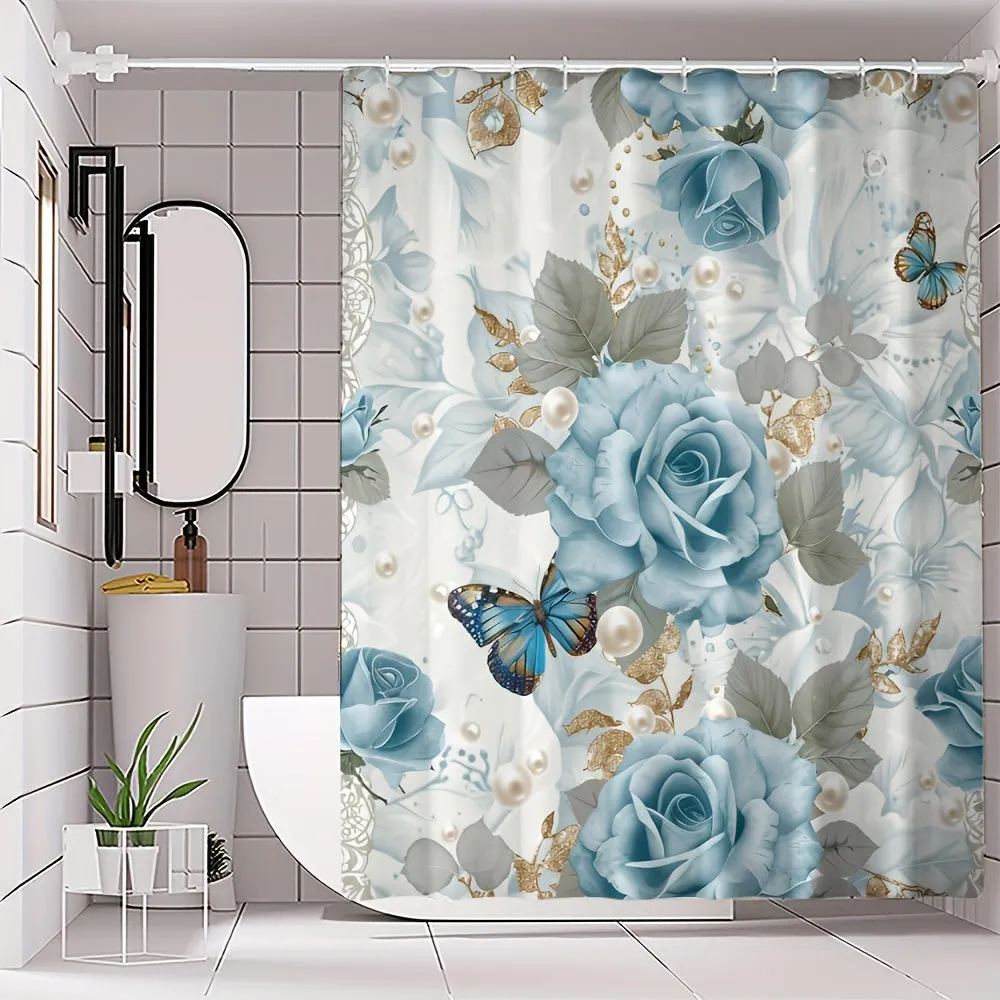 4pcs Flowers And Plants Series Style Bathroom Curtains Digital 3D Printing Waterproof Bathroom Curtains Set Bathroom Curtains Non Perforated Bathroom Curtains