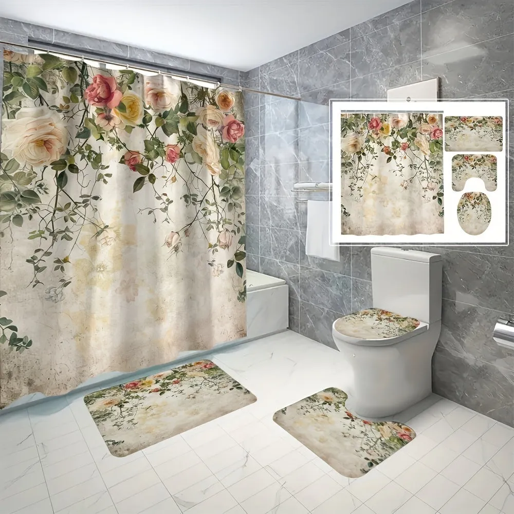 4pcs Flowers And Plants Series Style Bathroom Curtains Digital 3D Printing Waterproof Bathroom Curtains Set Bathroom Curtains Non Perforated Bathroom Curtains