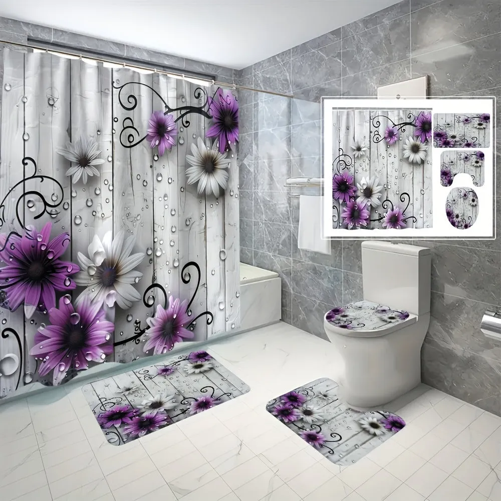 4pcs Flowers And Plants Series Style Bathroom Curtains Digital 3D Printing Waterproof Bathroom Curtains Set Bathroom Curtains Non Perforated Bathroom Curtains