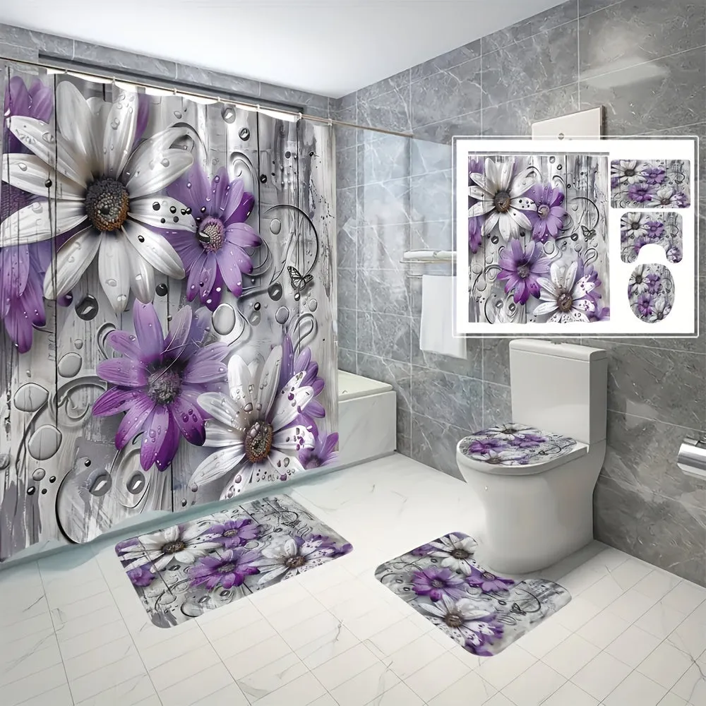 4pcs Flowers And Plants Series Style Bathroom Curtains Digital 3D Printing Waterproof Bathroom Curtains Set Bathroom Curtains Non Perforated Bathroom Curtains