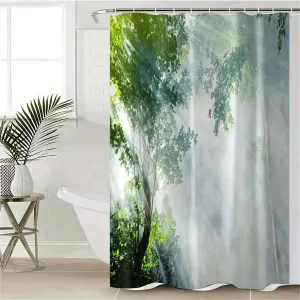 4pcs Green Plant Series Style Bathroom Curtains Digital 3D Printing Waterproof Bathroom Curtains Set Bathroom Curtains Non Perforated Bathroom Curtains