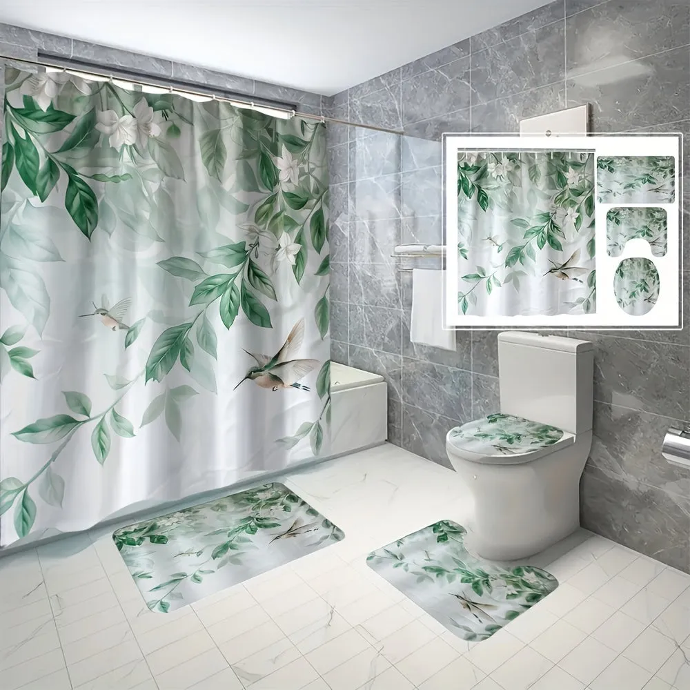 4pcs Green Plant Series Style Bathroom Curtains Digital 3D Printing Waterproof Bathroom Curtains Set Bathroom Curtains Non Perforated Bathroom Curtains