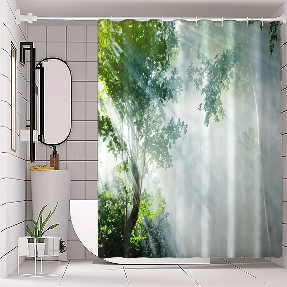 4pcs Green Plant Series Style Bathroom Curtains Digital 3D Printing Waterproof Bathroom Curtains Set Bathroom Curtains Non Perforated Bathroom Curtains