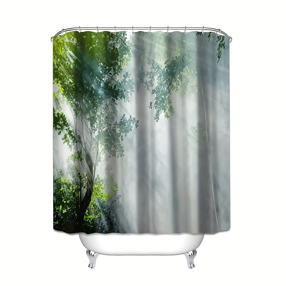 4pcs Green Plant Series Style Bathroom Curtains Digital 3D Printing Waterproof Bathroom Curtains Set Bathroom Curtains Non Perforated Bathroom Curtains