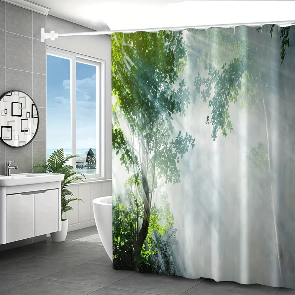 4pcs Green Plant Series Style Bathroom Curtains Digital 3D Printing Waterproof Bathroom Curtains Set Bathroom Curtains Non Perforated Bathroom Curtains