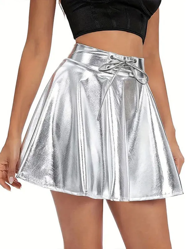 A-Line High Waisted Pleated Shiny Solid Color Tied Waist Skirts Bottoms