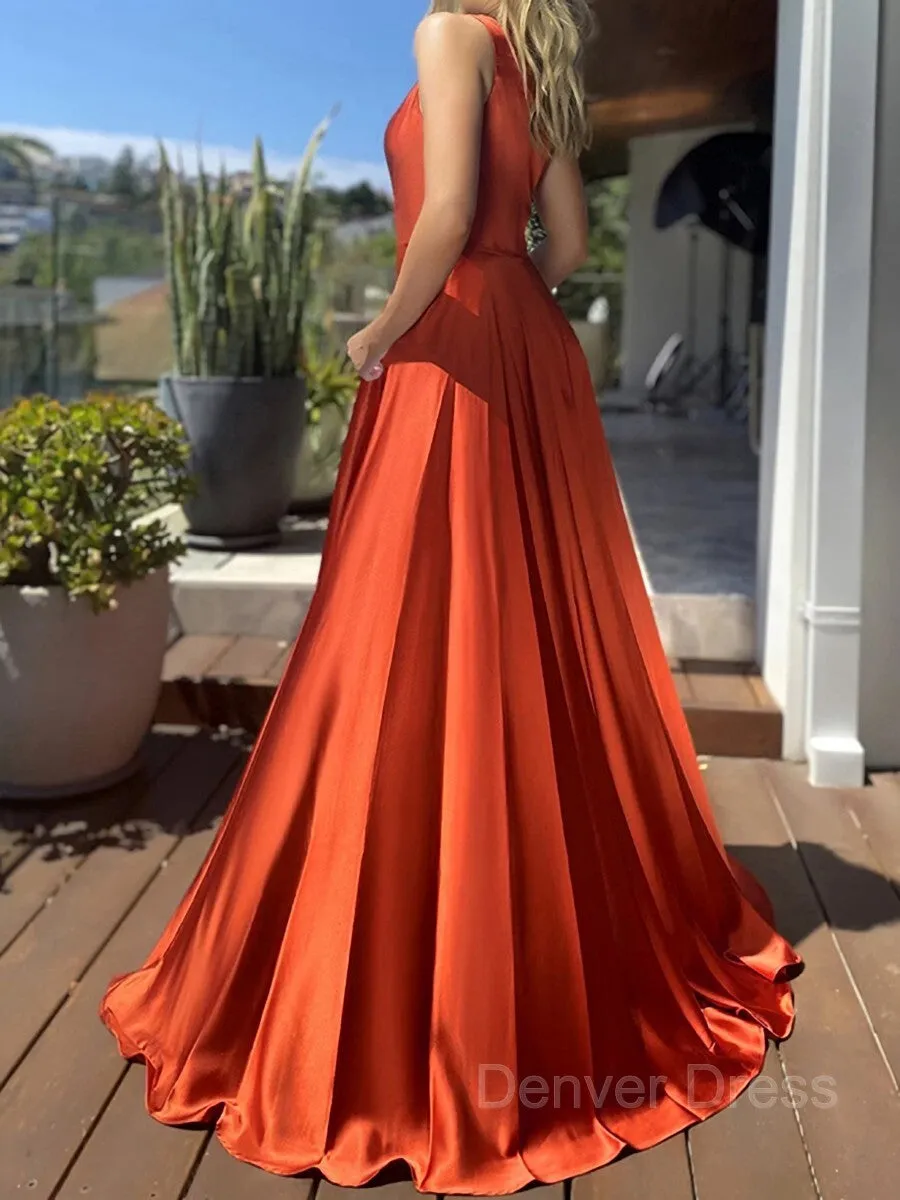 A-Line One-Shoulder Sweep Train Silk like Satin Prom Dresses With Leg Slit