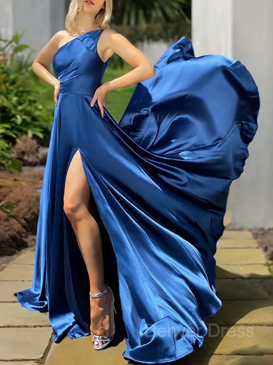 A-Line One-Shoulder Sweep Train Silk like Satin Prom Dresses With Leg Slit