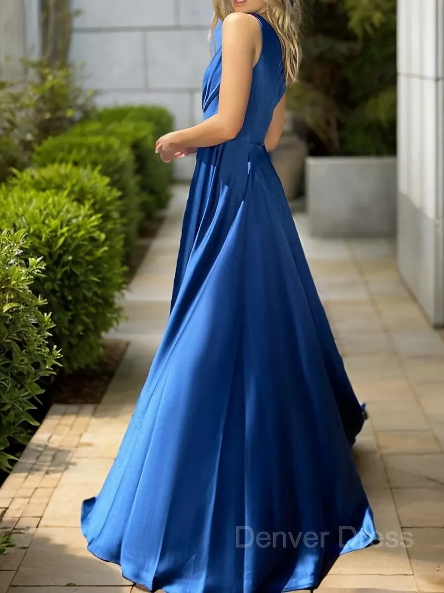 A-Line One-Shoulder Sweep Train Silk like Satin Prom Dresses With Leg Slit