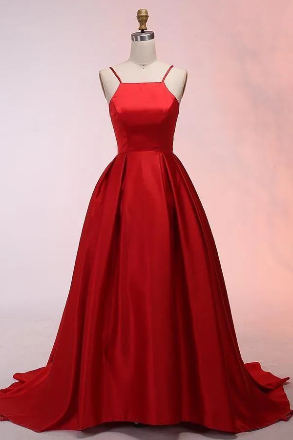 A-Line Spaghetti Straps Sweep Train Red Satin Prom Dress  PG529