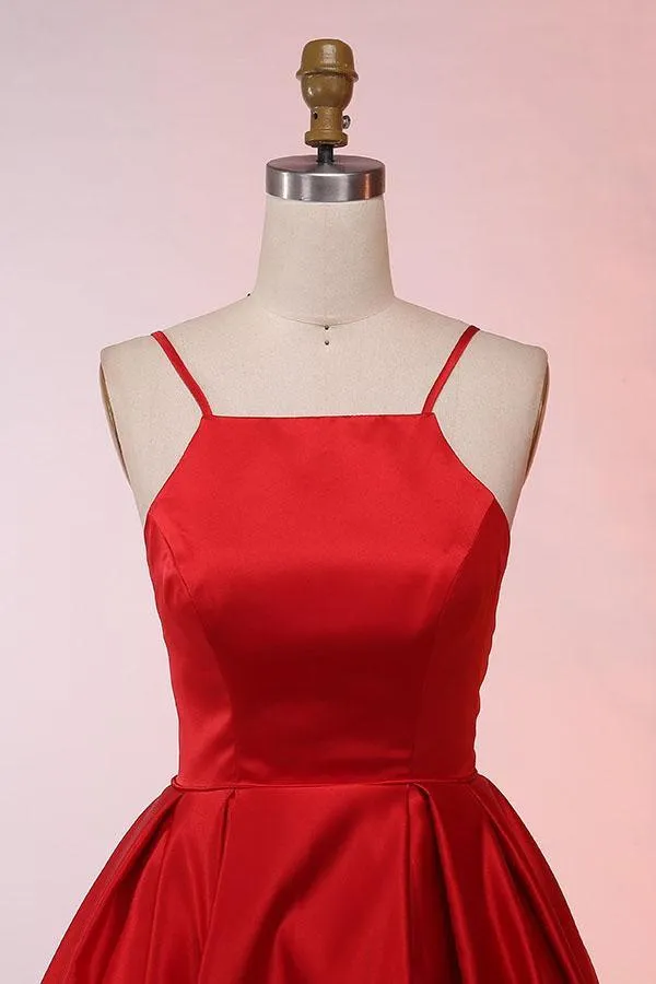 A-Line Spaghetti Straps Sweep Train Red Satin Prom Dress  PG529