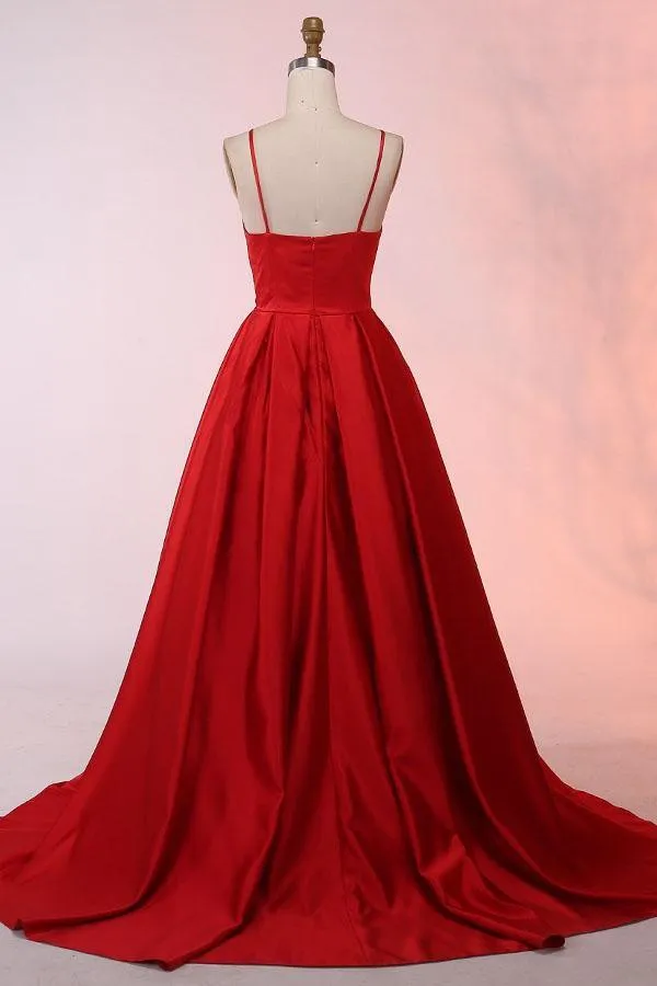 A-Line Spaghetti Straps Sweep Train Red Satin Prom Dress  PG529