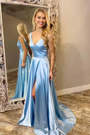 A-Line V-Neck Sweep Train Light Blue Prom Dress with Split  PM207