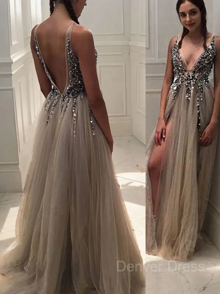 A-Line V-neck Sweep Train Tulle Evening Dresses With Rhinestone