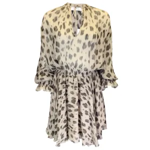 Anine Bing Beige Multi Elliana Leopard Print Long Sleeved Silk Chiffon Dress