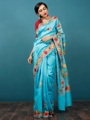 Aqua Blue Maroon Orange Aari Embroidered Bhagalpuri Silk Saree From Kashmir  - S031703057