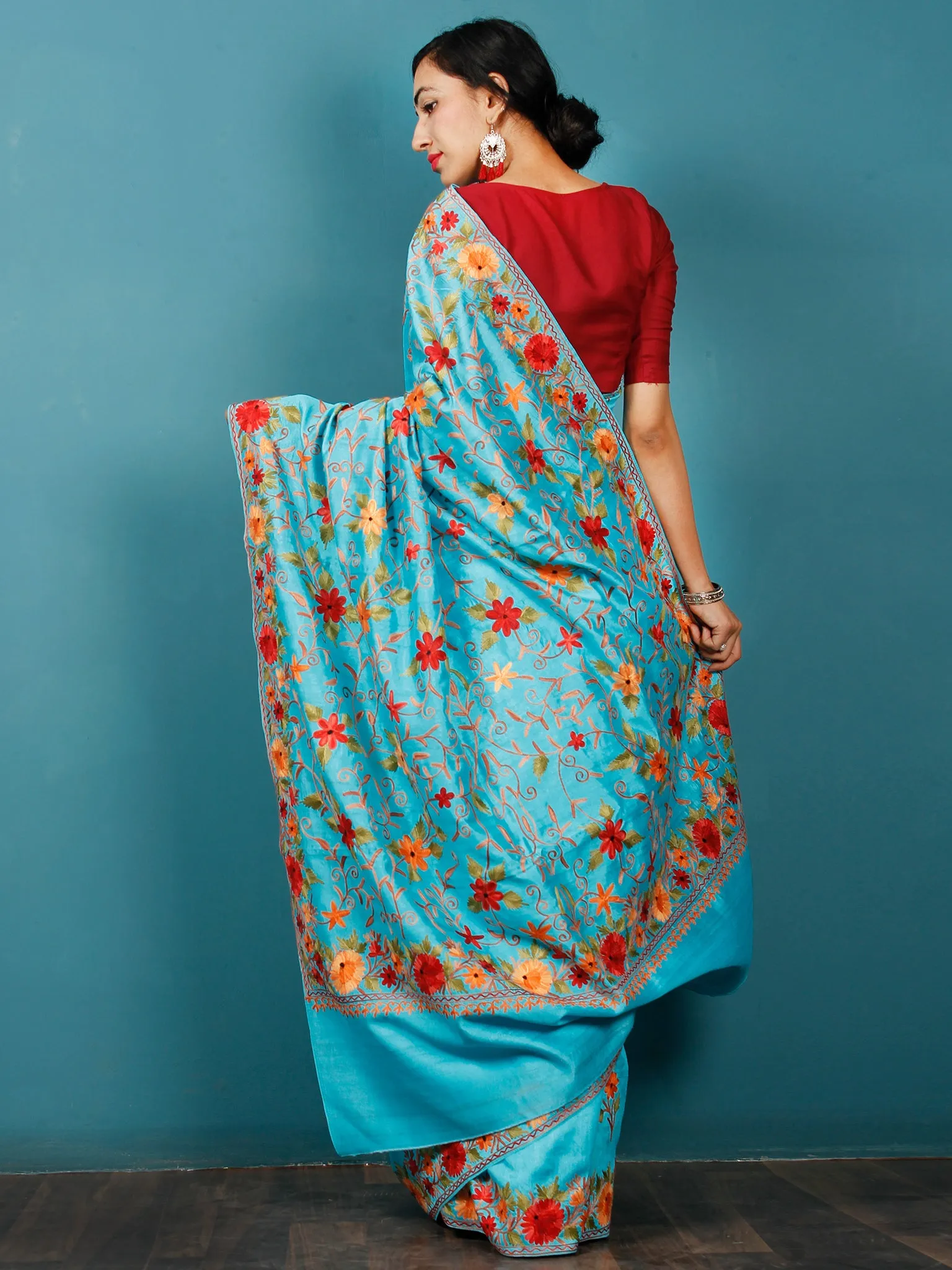 Aqua Blue Maroon Orange Aari Embroidered Bhagalpuri Silk Saree From Kashmir  - S031703057