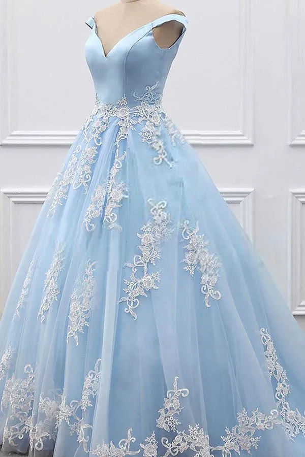 Ball Gown Off-the-Shoulder Court Train Blue Tulle Prom Dress  PG483