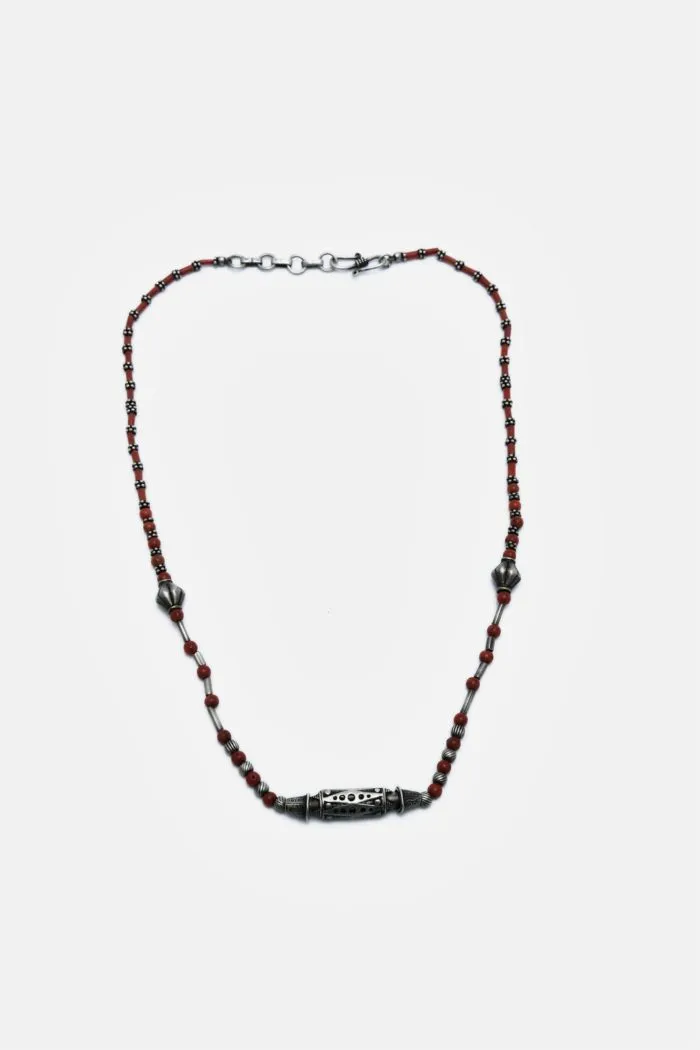 Beaded Orange And Silver Ghungroo Necklace