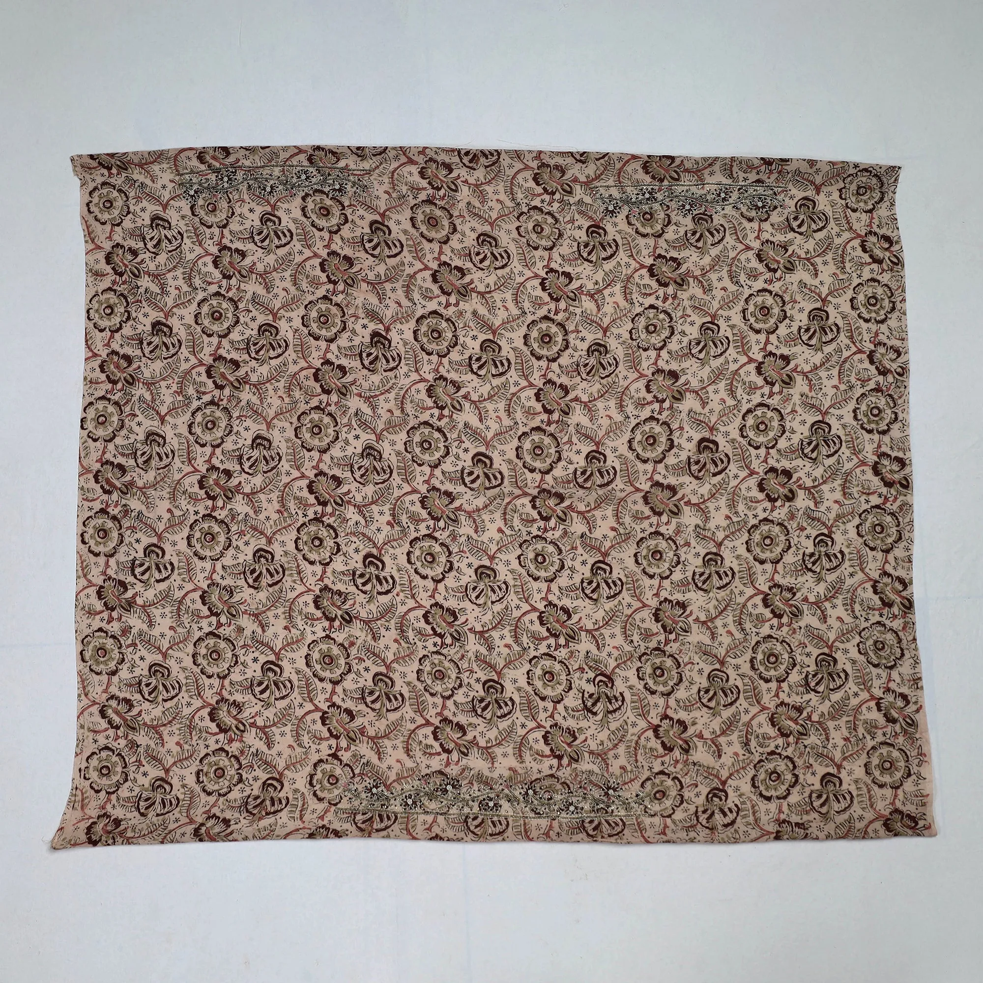 Beige - Kalamkari Block Printed Thread & Bead Work Hand Embroidery Cotton Blouse Piece